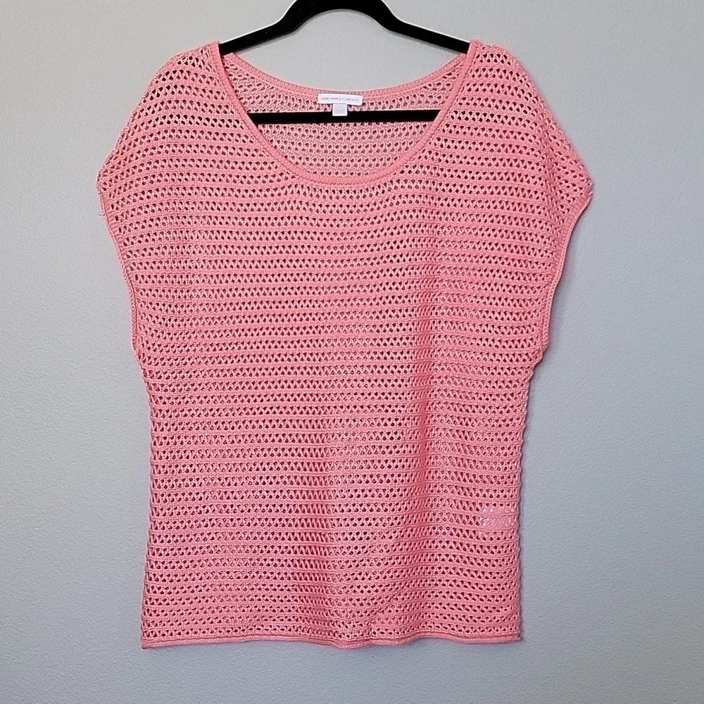 New York & Company Pink Summer Open Knit Crochet Short Sleeve Top XL
